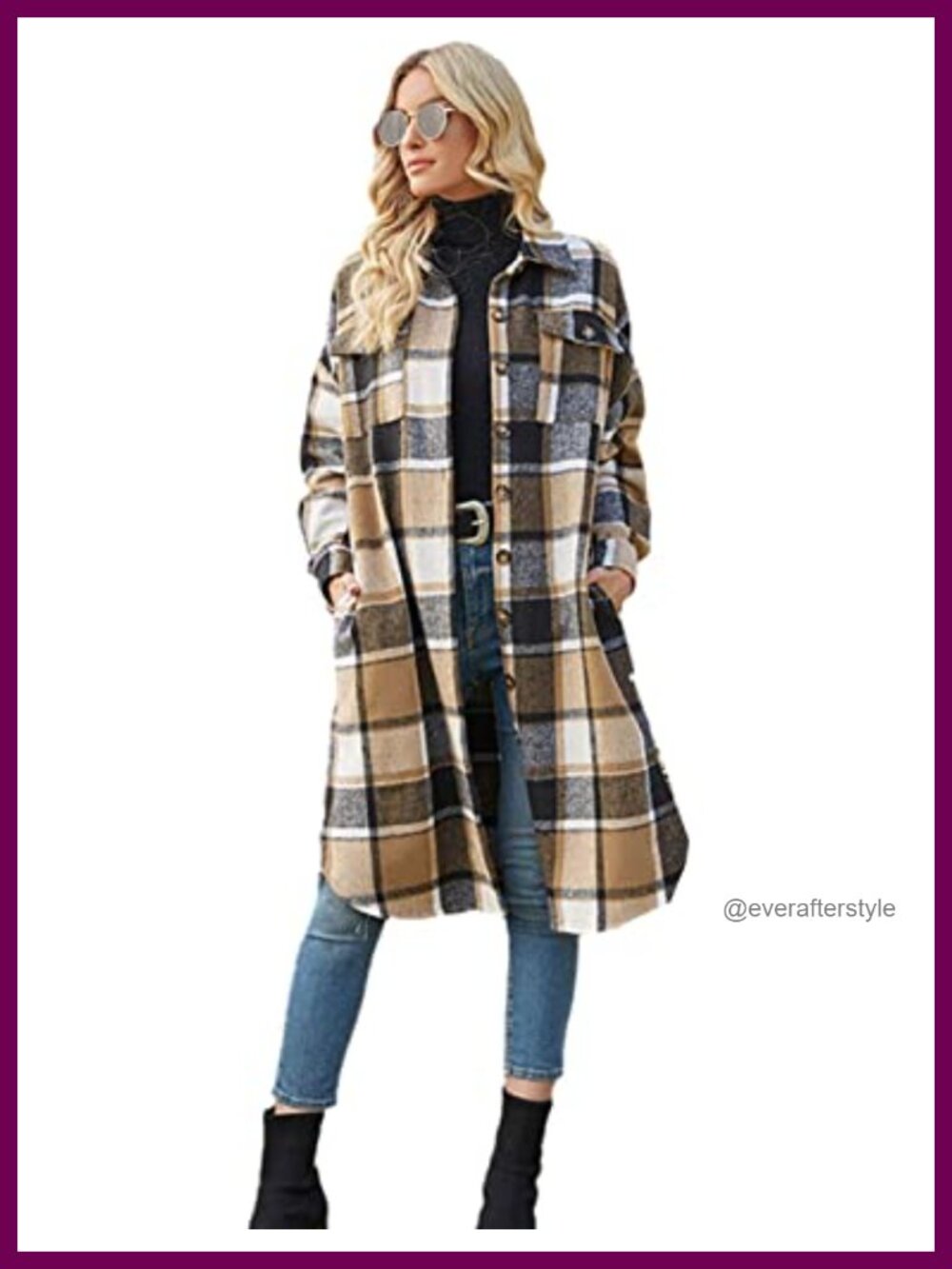 PUWEI Long Plaid Shacket Oversized Button Down Coat Tartan Jacket